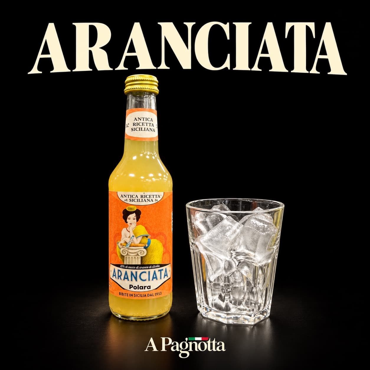 Polara Aranciata orange drink beside a glass of ice